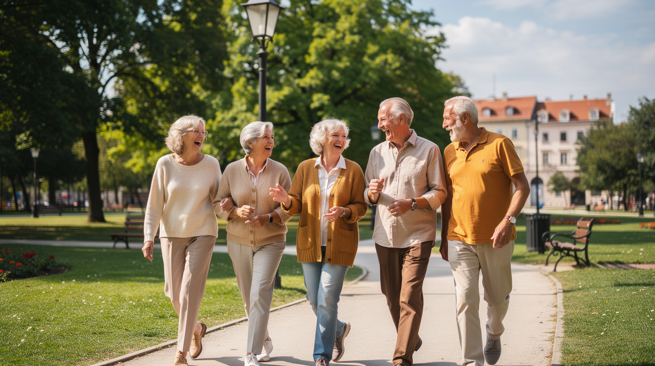Group of smiling senior citizens walking together in a sunny park