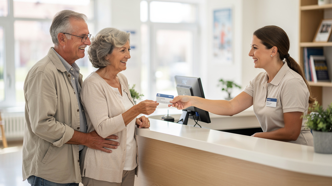 Senior couple receiving a membership card at a community centre desk