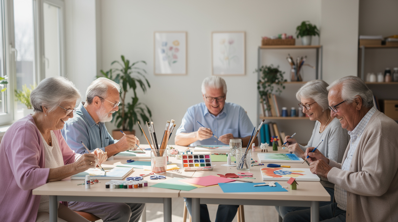 Group of seniors participating in a creative workshop indoors